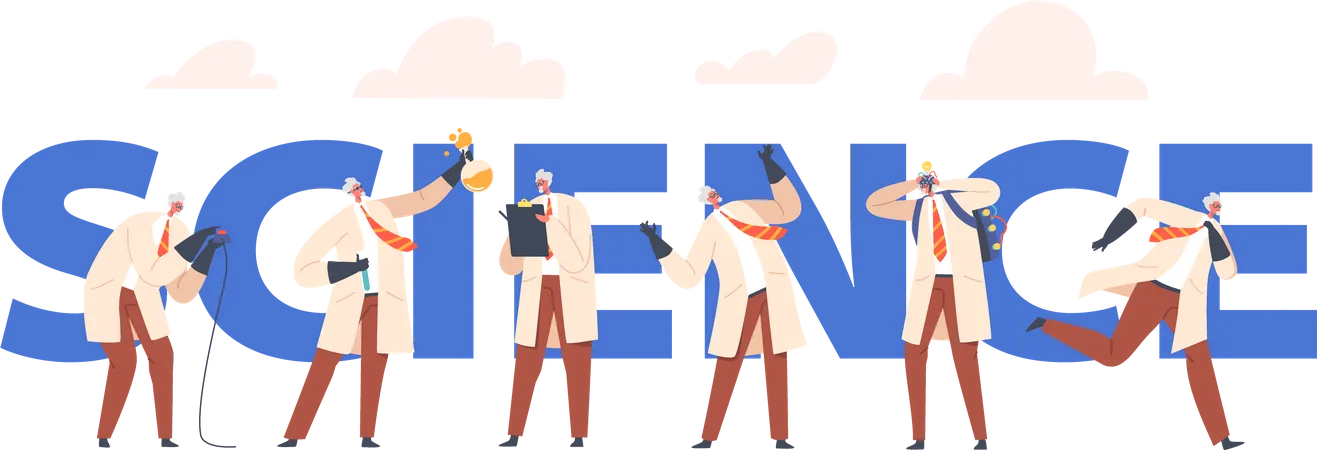 Male scientist doing different activities  Illustration