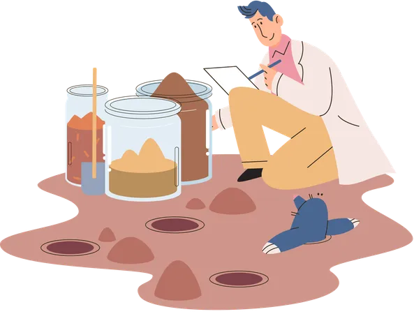 Male Scientist experiment on soil level  Illustration