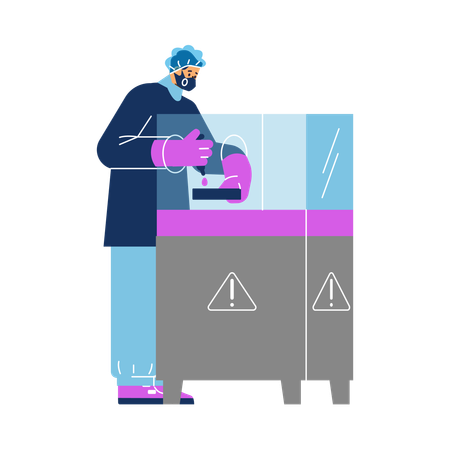 Male Scientist in biological protective suit holding test tubes  Illustration