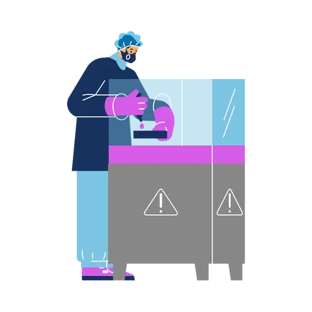 Male Scientist in biological protective suit holding test tubes  Illustration