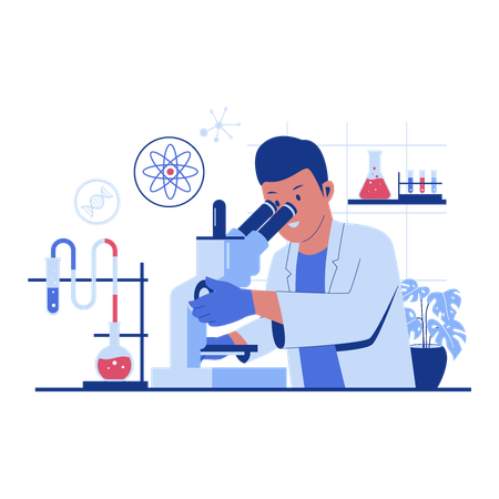 Male Scientist looking through a microscope in a laboratory  Illustration