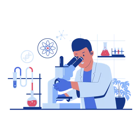 Male Scientist Looking Through A Microscope In A Laboratory Vector Flat Illustration イラスト