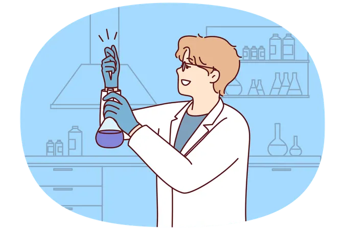Male scientist make experiments with tube in laboratory  Illustration