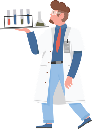 Male Scientist walking with test-tubes  Illustration