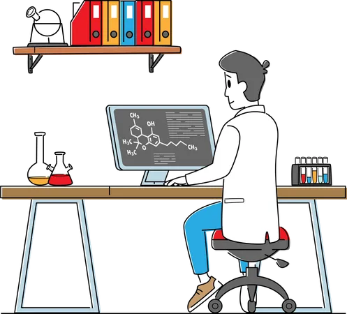 Male Scientist Work on Pc in Laboratory Illustration