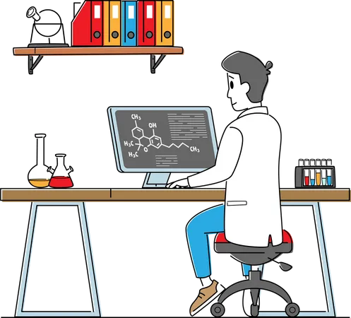 Male Scientist Work on Pc in Laboratory  Illustration