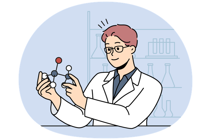 Male scientist working with atom model in laboratory  Illustration