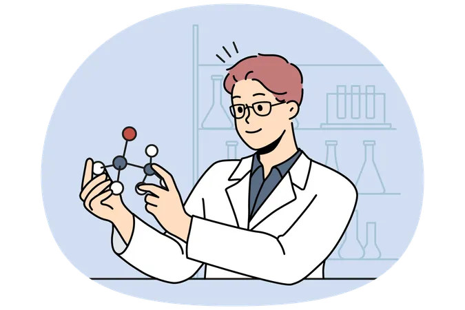 Male scientist working with atom model in laboratory  Illustration
