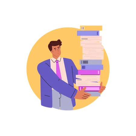 Male secretary with books and documents in hands  Illustration