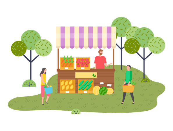Male seller is standing near the trade tent with fruits and vegetables  Illustration