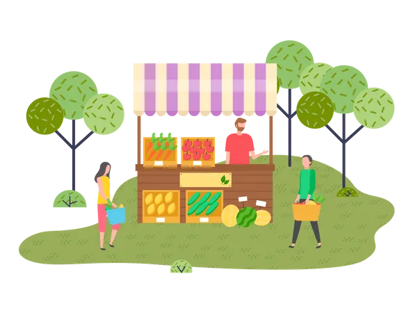 Male seller is standing near the trade tent with fruits and vegetables  Illustration