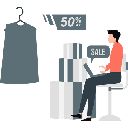 Male seller offers fifty percent off price  Illustration