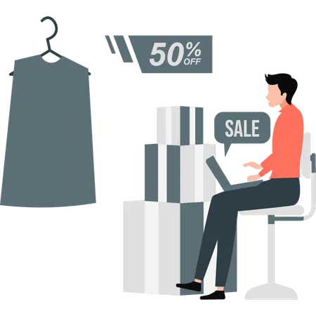 Male seller offers fifty percent off price  Illustration