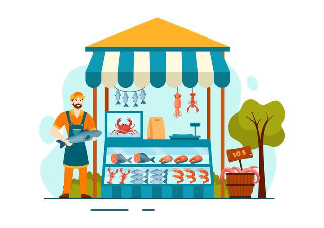 Male Selling Seafood  Illustration