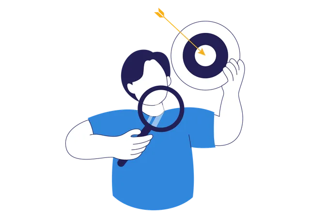 Male Character Holding Magnifying Glass To Set Sales Target Illustration