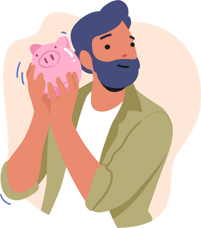 Male Shaking Piggy Bank with Money Inside  Illustration