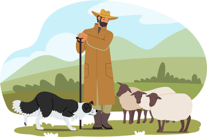 Male Shepherd and dog  Illustration