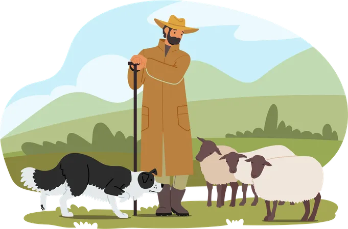 Male Shepherd and dog  Illustration