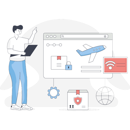 物流ウェブサイトを見せる男性  イラスト