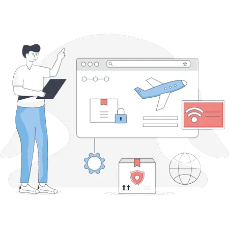 物流ウェブサイトを見せる男性  イラスト