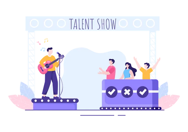 Talent Show With Contestants Displaying Their Skill On Stage Or Podium In Front Of Judges Judging Them In Cartoon Illustration Illustration