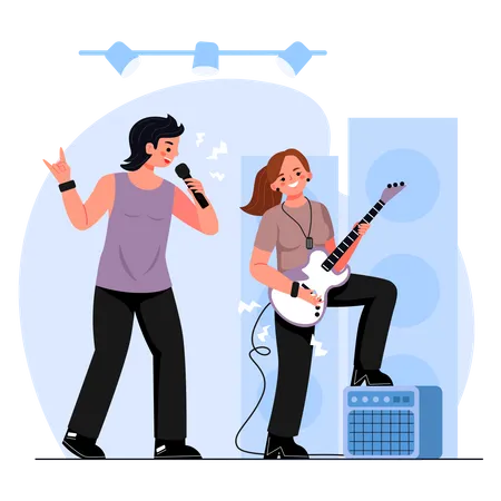 Male Singer And Female Guitarist Illustration