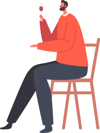 Male Sit on Chair Holding Wineglass in Hand Illustration