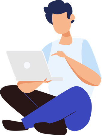 Male site on floor while using laptop  Illustration