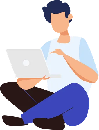 Male site on floor while using laptop  Illustration