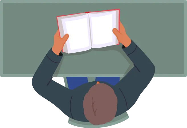 Male Sitting At Desk Reading Book. Man At Workplace In Office Or Home Top View. Person Read, Relax  Illustration