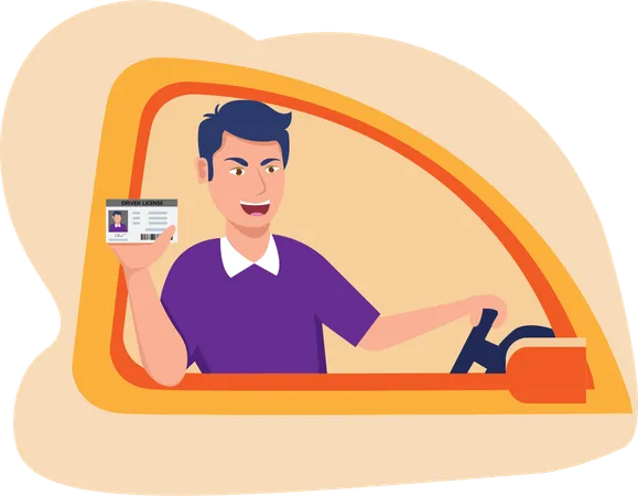 Male sitting in new car and took the driving test  Illustration
