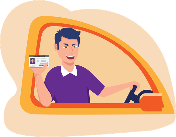 Male sitting in new car and took the driving test  Illustration