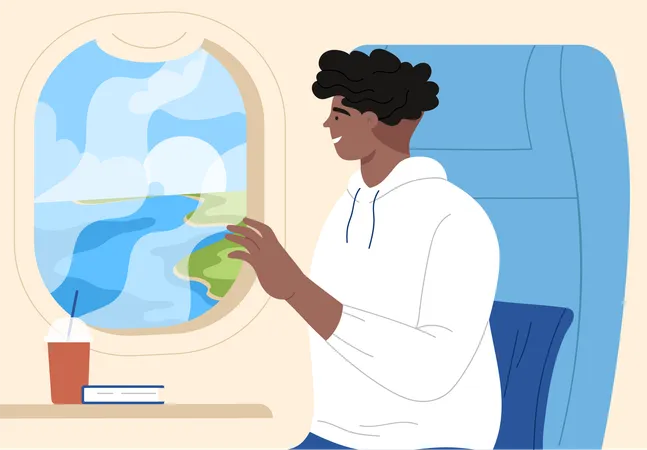 Male sitting in plane at window seat  イラスト