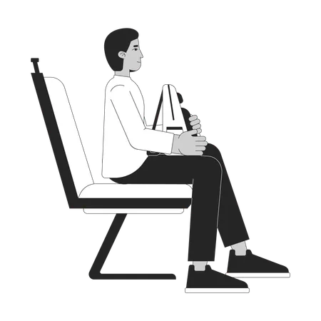 Indian Male Commuter In Public Transport Seat Black And White 2 D Line Cartoon Character South Asian Man Holding Backpack Isolated Vector Outline Person Bus Ride Monochromatic Flat Spot Illustration Illustration