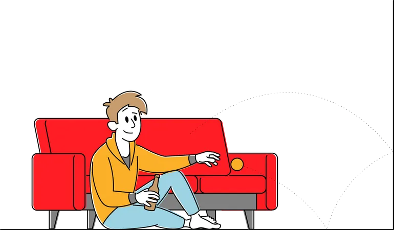 Male Sitting on Floor with Beer Bottle in Hand Throwing Ball Illustration