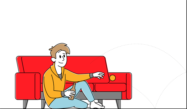 Male Sitting on Floor with Beer Bottle in Hand Throwing Ball  Illustration