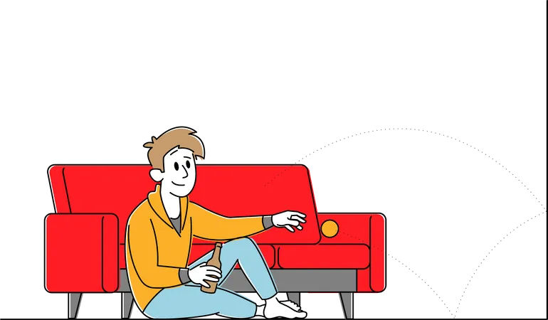 Male Sitting on Floor with Beer Bottle in Hand Throwing Ball  Illustration