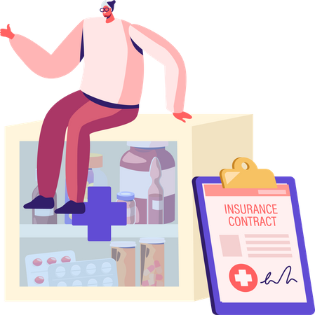 Male Sitting on Shelf with Medical Pills with Health Insurance Policy Contract  Illustration