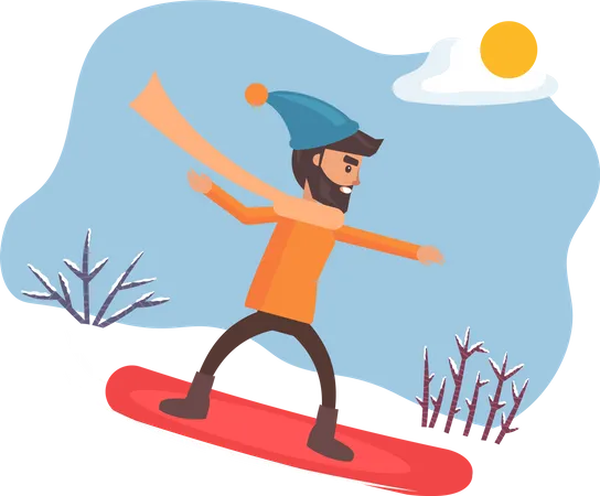 Smiling Male Character Wearing Casual Clothes And Hat Snowboarding Outdoor Activity Of Snowboarder Man Going By Downhill Winter Season And Sunny Weather On Snowy Hill With Person On Board Vector Illustration