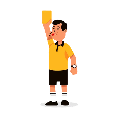 Male Soccer Referee Blowing Whistle And Showing Punishment Card Illustration