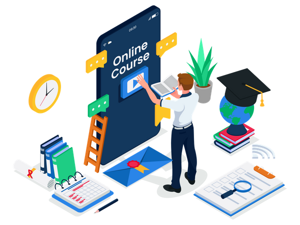 Male student access online course video at smartphone device Illustration