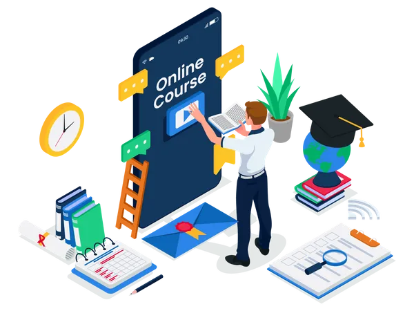 Male student access online course video at smartphone device Illustration