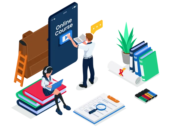 Male student access online course video at smartphone device  Illustration