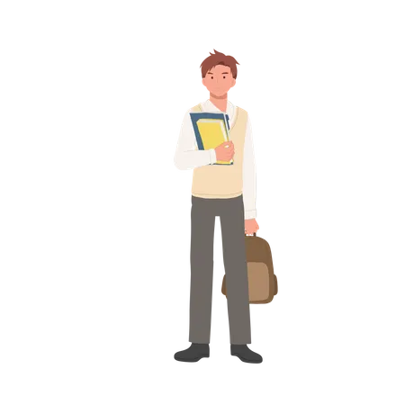 Male student holding book and bag  Illustration
