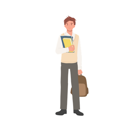 Male student holding book and bag  Illustration