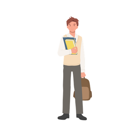 Male student holding book and bag  Illustration