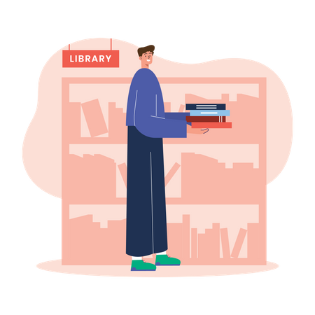 Male student in library Illustration