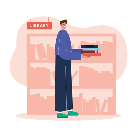Male student in library Illustration