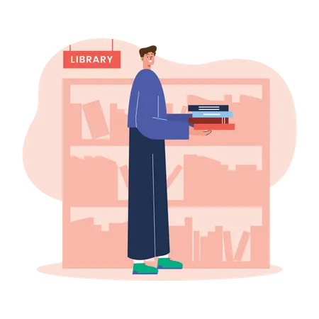 Male student in library  Illustration