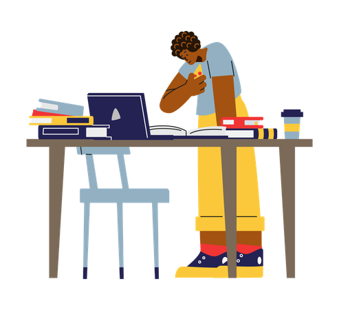 Male student leaning over desk filled with book  Illustration